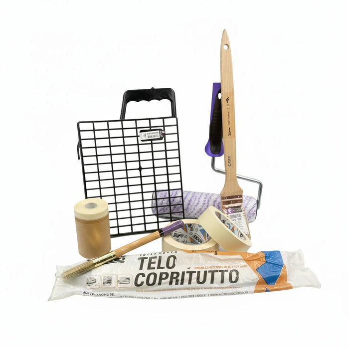 Kit Attrezzi per Pittura per Interni - Rullo, Pennelli, Nastri e Telo Protettivo